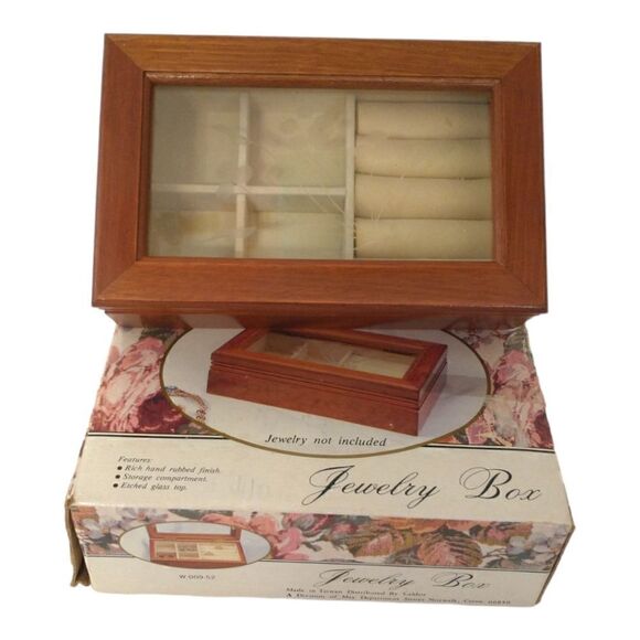 Vintage Jewelry Box Etched Glass Top Wood Tab Velvet Lined 80s 90s Hinge Dresser - Picture 2 of 16